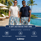 Friends in matching Men's Wisp Whimsy Custom Face Beach Shorts — a group gift photo