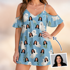 Woman wearing Women's Wisp Whimsy Custom Face Off-Shoulder Dress — custom faces printed all-over