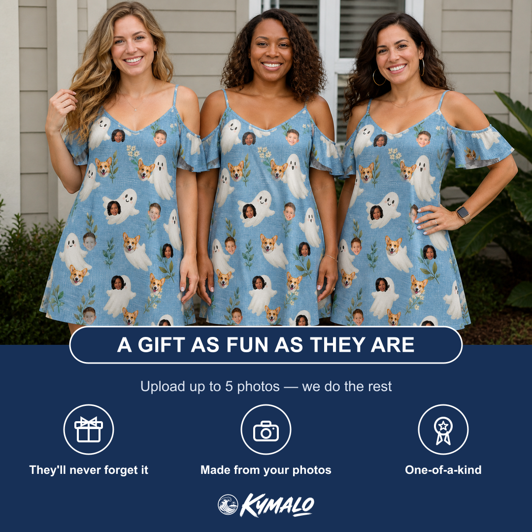 Friends in matching Women's Wisp Whimsy Custom Face Off-Shoulder Dress — a group gift photo