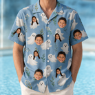 Model wearing Men's Wisp Whimsy Custom Face Hawaiian Shirt printed with kids' faces