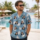Real-life photo of someone wearing Men's Wisp Whimsy Custom Face Hawaiian Shirt — custom faces printed all-over