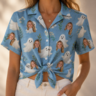 Woman wearing Women's Wisp Whimsy Custom Face Hawaiian Shirt tied at the waist