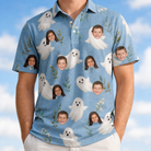 Model wearing Men's Wisp Whimsy Custom Face Polo Shirt printed with kids' faces