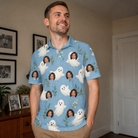 Real-life photo of someone wearing Men's Wisp Whimsy Custom Face Polo Shirt — custom faces printed all-over