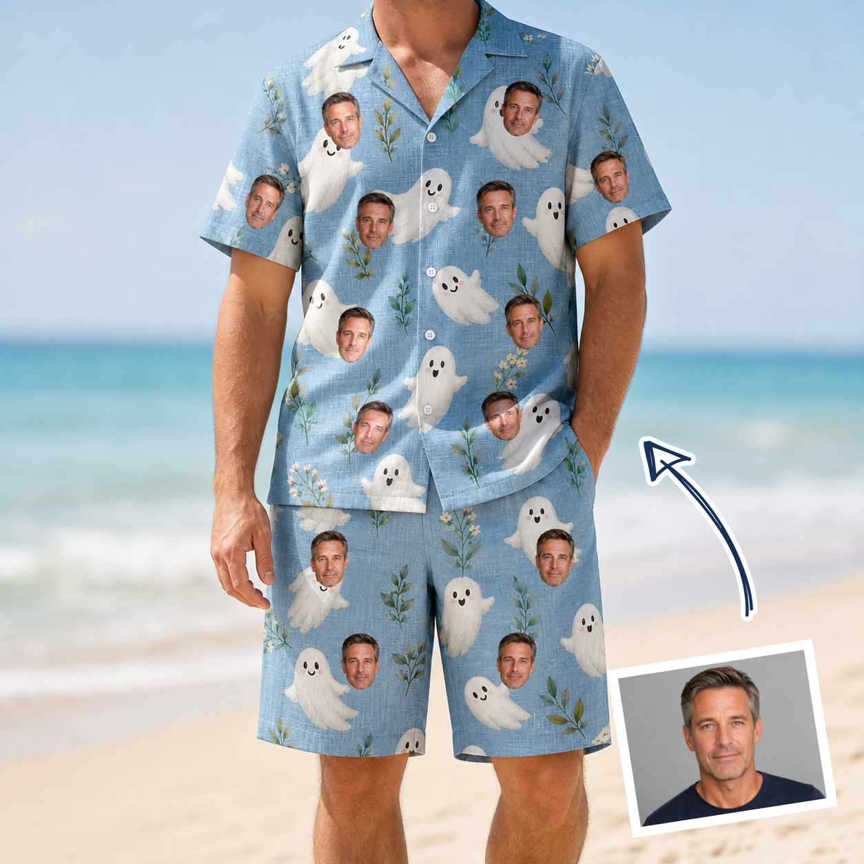 Man wearing Men's Wisp Whimsy Custom Face Shirt & Shorts Set — custom faces printed all-over