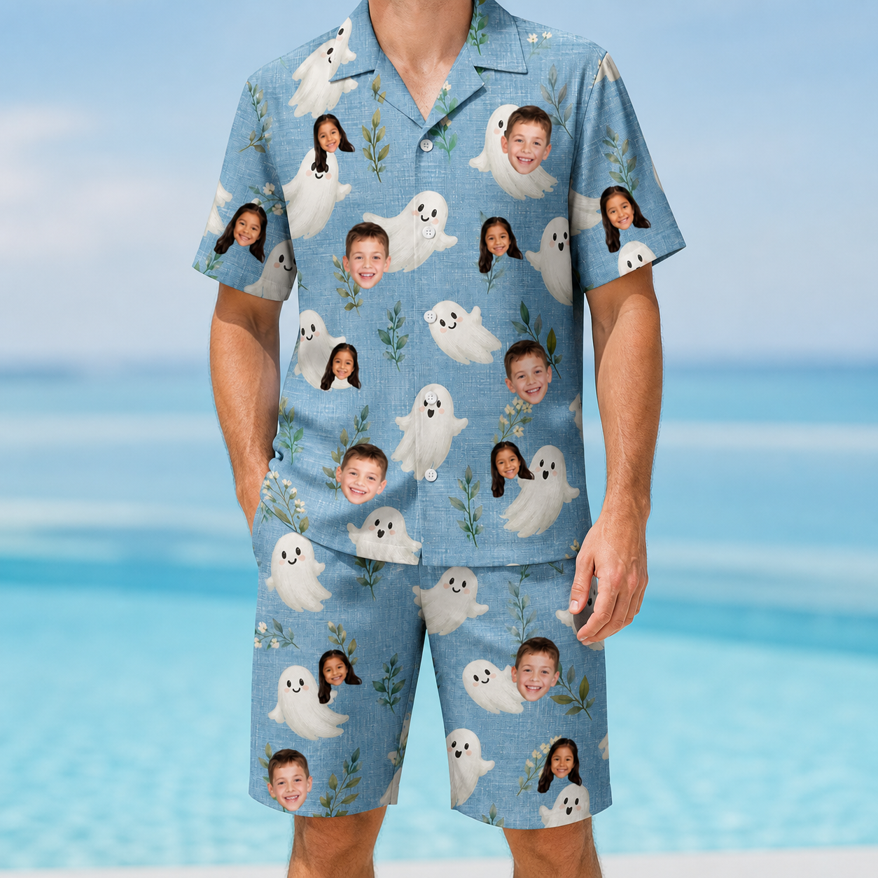 Model wearing Men's Wisp Whimsy Custom Face Shirt & Shorts Set printed with kids' faces
