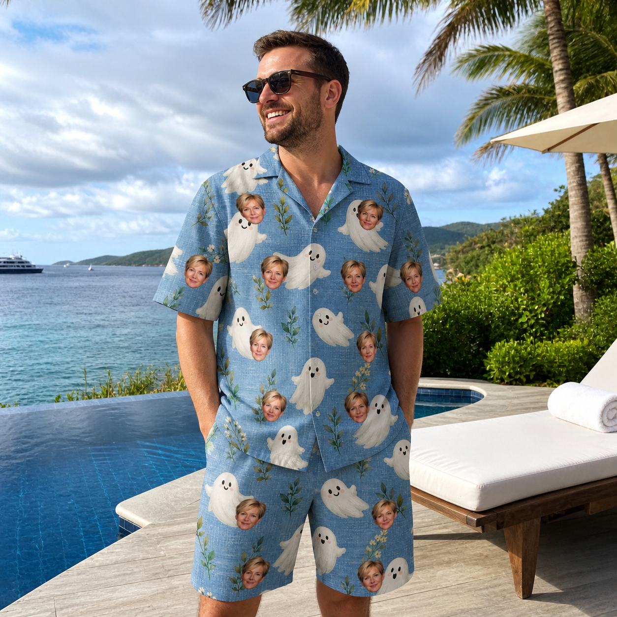 Real-life photo of someone wearing Men's Wisp Whimsy Custom Face Shirt & Shorts Set — custom faces printed all-over