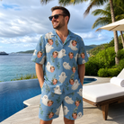 Real-life photo of someone wearing Men's Wisp Whimsy Custom Face Shirt & Shorts Set — custom faces printed all-over