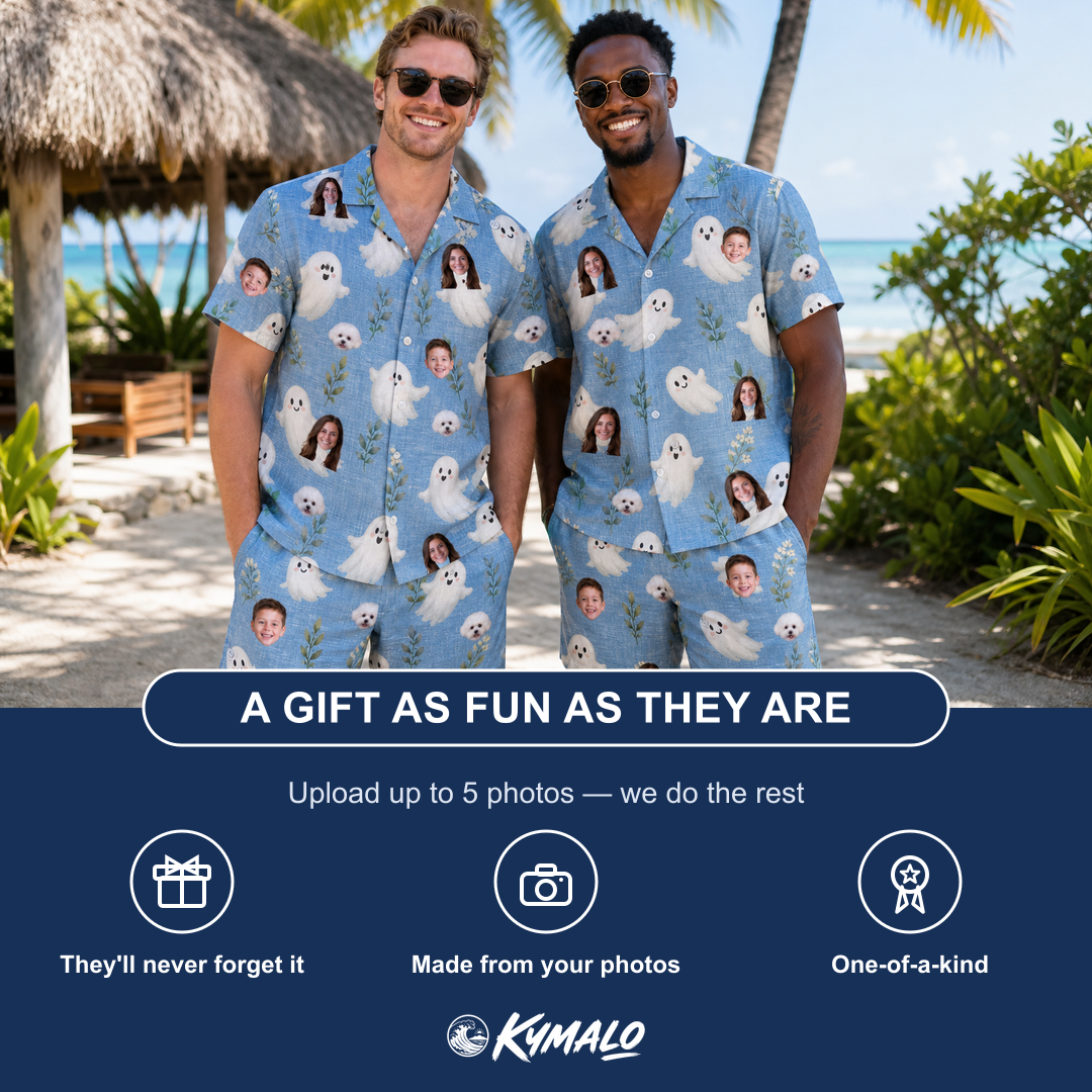 Friends in matching Men's Wisp Whimsy Custom Face Shirt & Shorts Set — a group gift photo