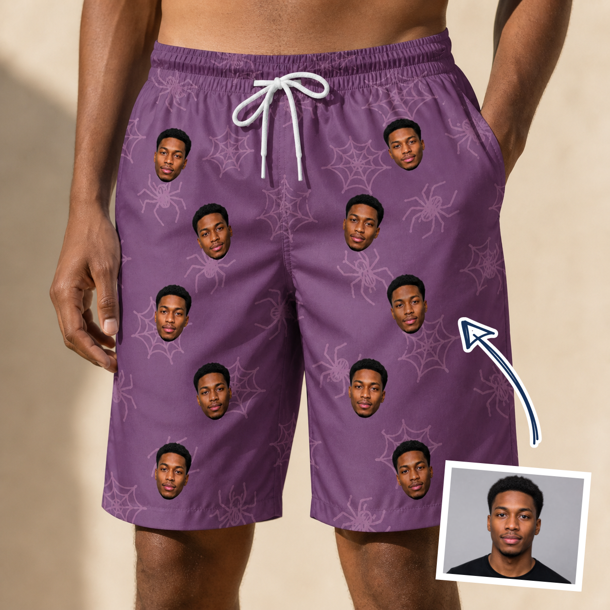 Man wearing Men's Spindle Specters Custom Face Beach Shorts — custom faces printed all-over