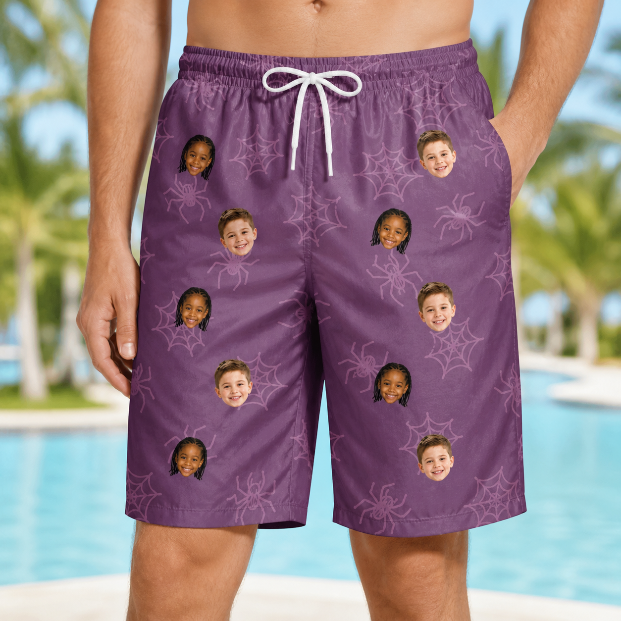 Model wearing Men's Spindle Specters Custom Face Beach Shorts printed with kids' faces