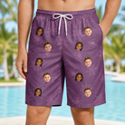 Model wearing Men's Spindle Specters Custom Face Beach Shorts printed with kids' faces
