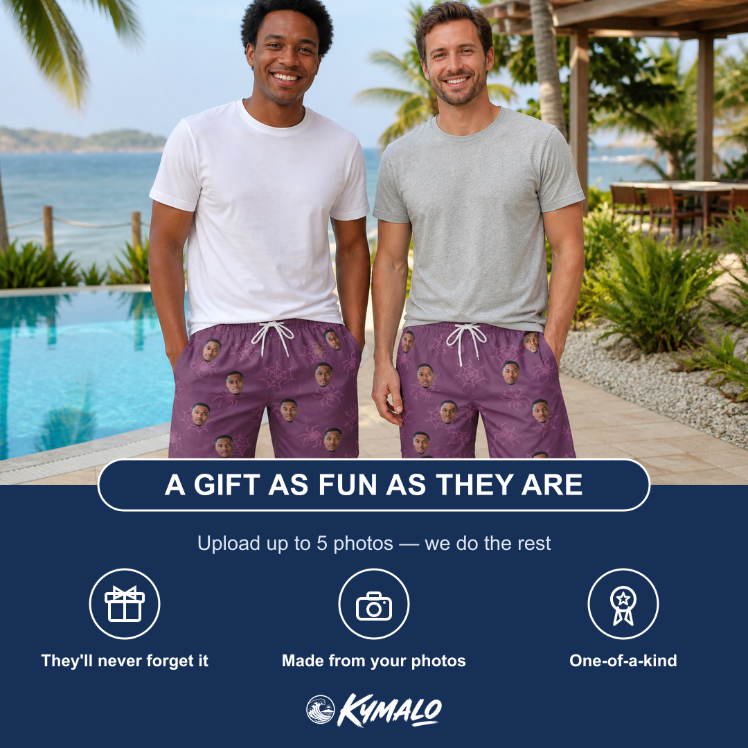 Friends in matching Men's Spindle Specters Custom Face Beach Shorts — a group gift photo