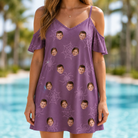 Model wearing Women's Spindle Specters Custom Face Off-Shoulder Dress printed with kids' faces