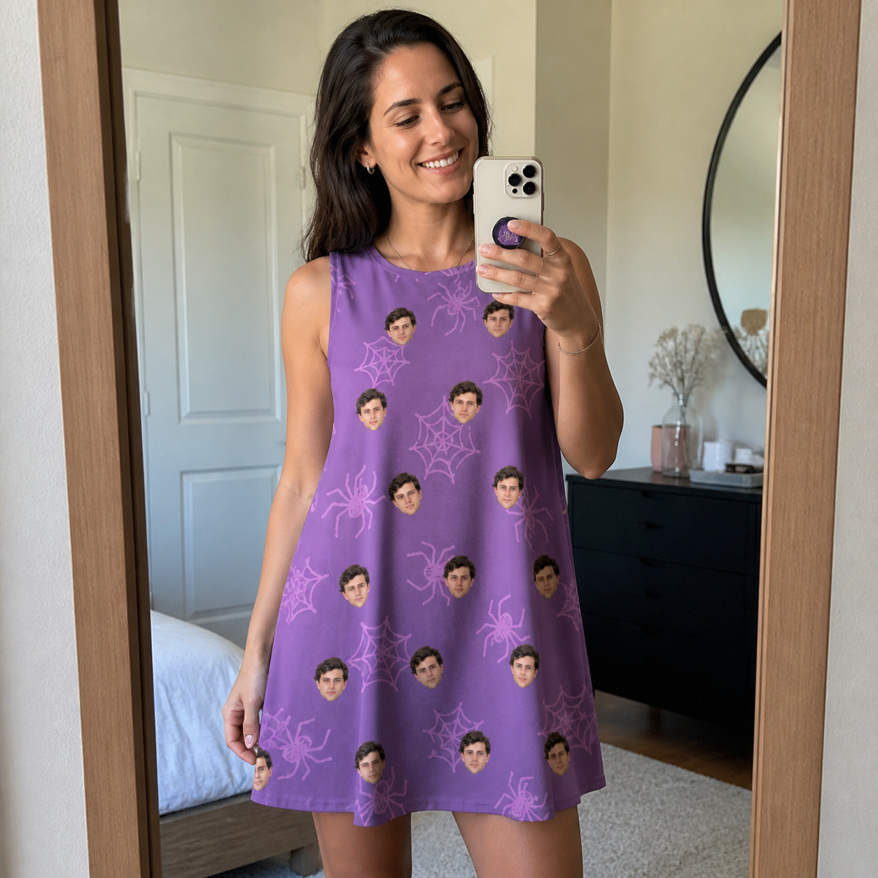 Real-life photo of someone wearing Women's Spindle Specters Custom Face Tank Dress — custom faces printed all-over