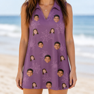 Model wearing Women's Spindle Specters Custom Face V-Neck Dress printed with kids' faces