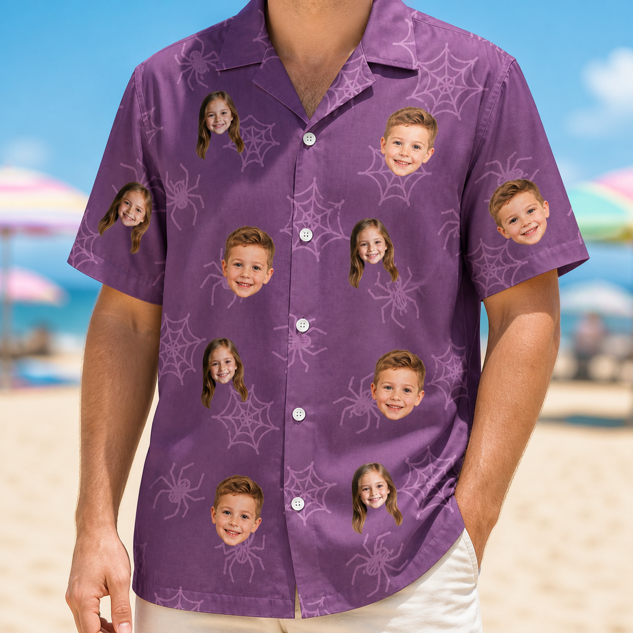 Model wearing Men's Spindle Specters Custom Face Hawaiian Shirt printed with kids' faces