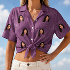 Woman wearing Women's Spindle Specters Custom Face Hawaiian Shirt tied at the waist
