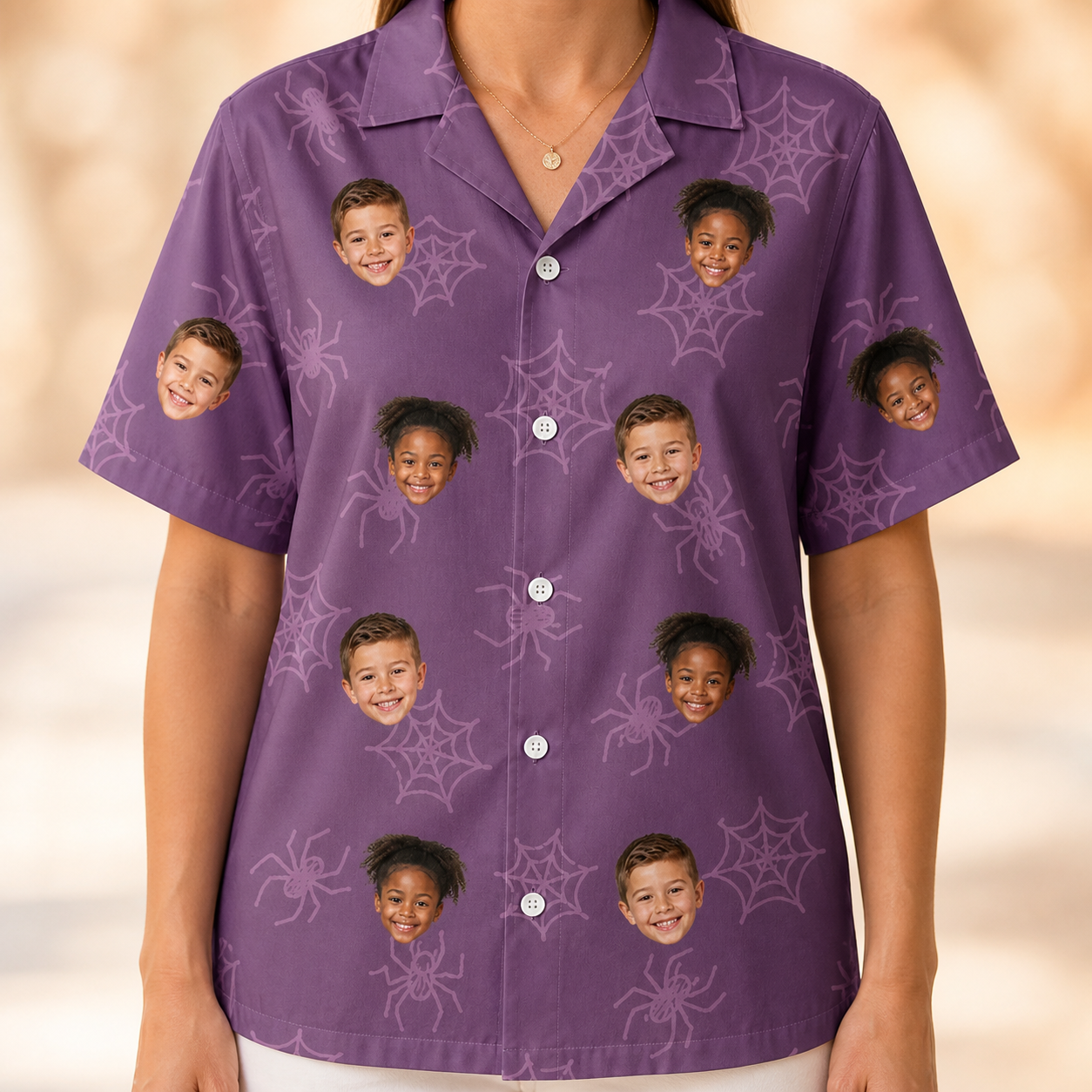 Model wearing Women's Spindle Specters Custom Face Hawaiian Shirt printed with kids' faces