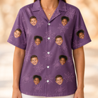 Model wearing Women's Spindle Specters Custom Face Hawaiian Shirt printed with kids' faces