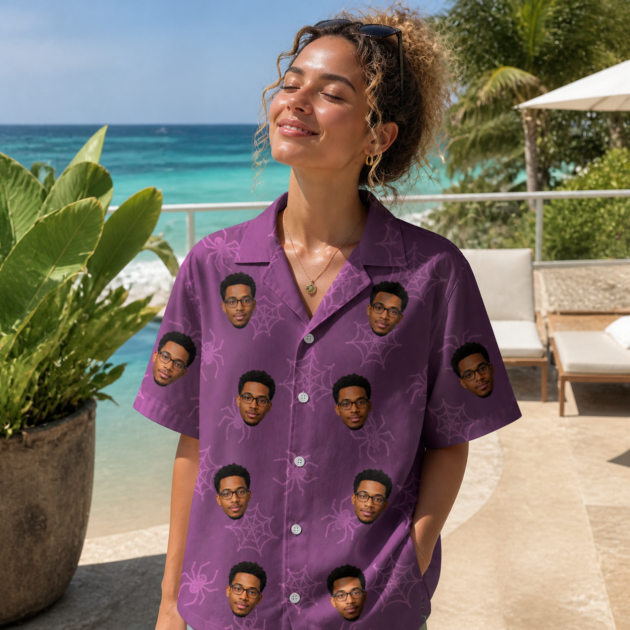 Real-life photo of someone wearing Women's Spindle Specters Custom Face Hawaiian Shirt — custom faces printed all-over