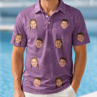 Model wearing Men's Spindle Specters Custom Face Polo Shirt printed with kids' faces