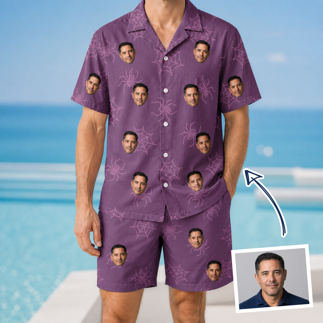 Man wearing Men's Spindle Specters Custom Face Shirt & Shorts Set — custom faces printed all-over