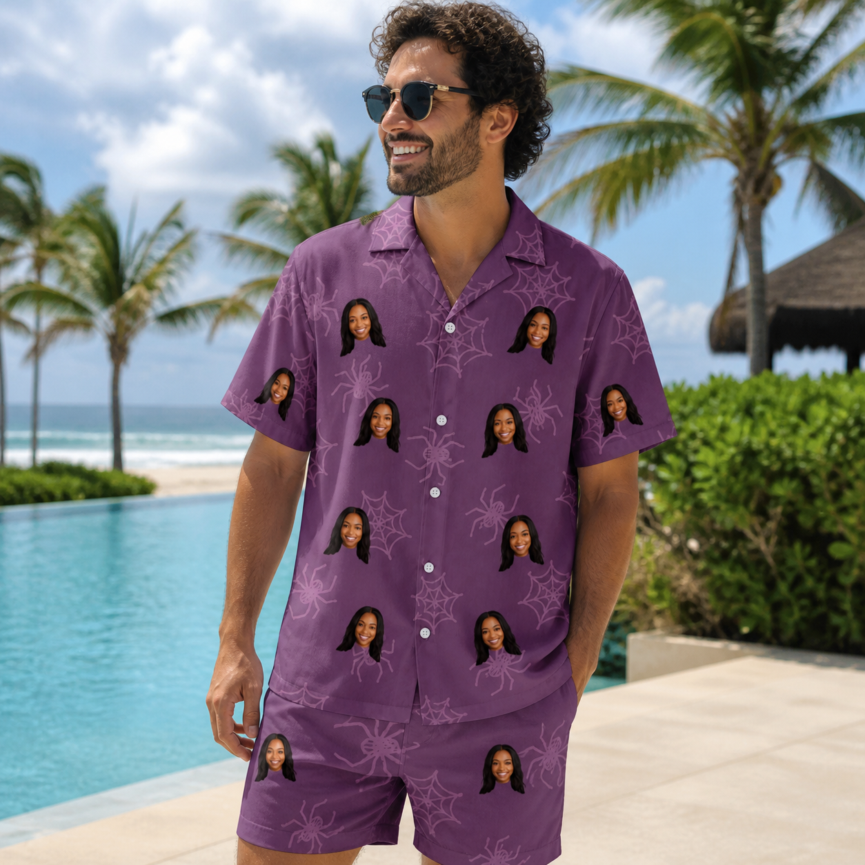 Real-life photo of someone wearing Men's Spindle Specters Custom Face Shirt & Shorts Set — custom faces printed all-over