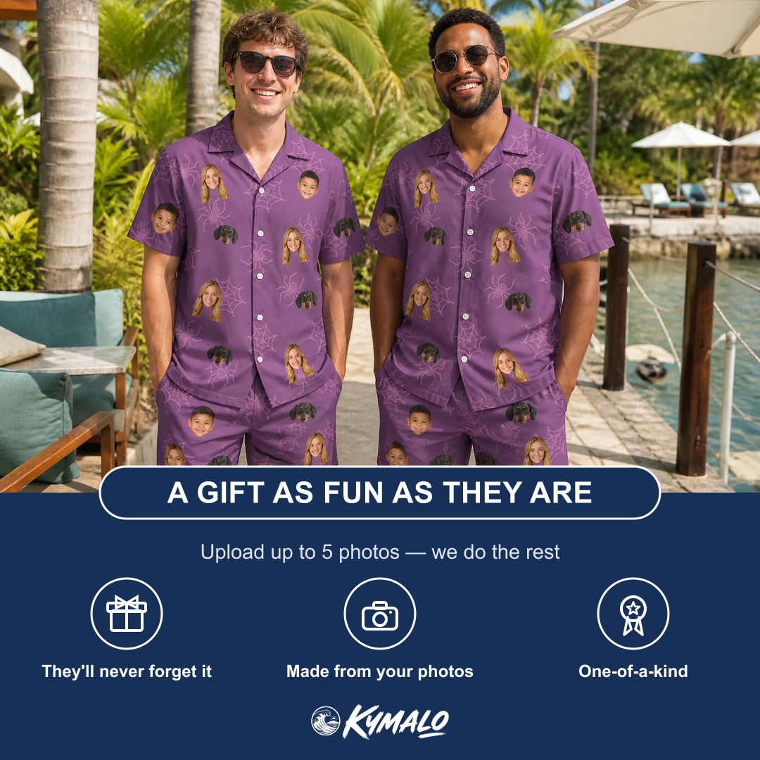 Friends in matching Men's Spindle Specters Custom Face Shirt & Shorts Set — a group gift photo