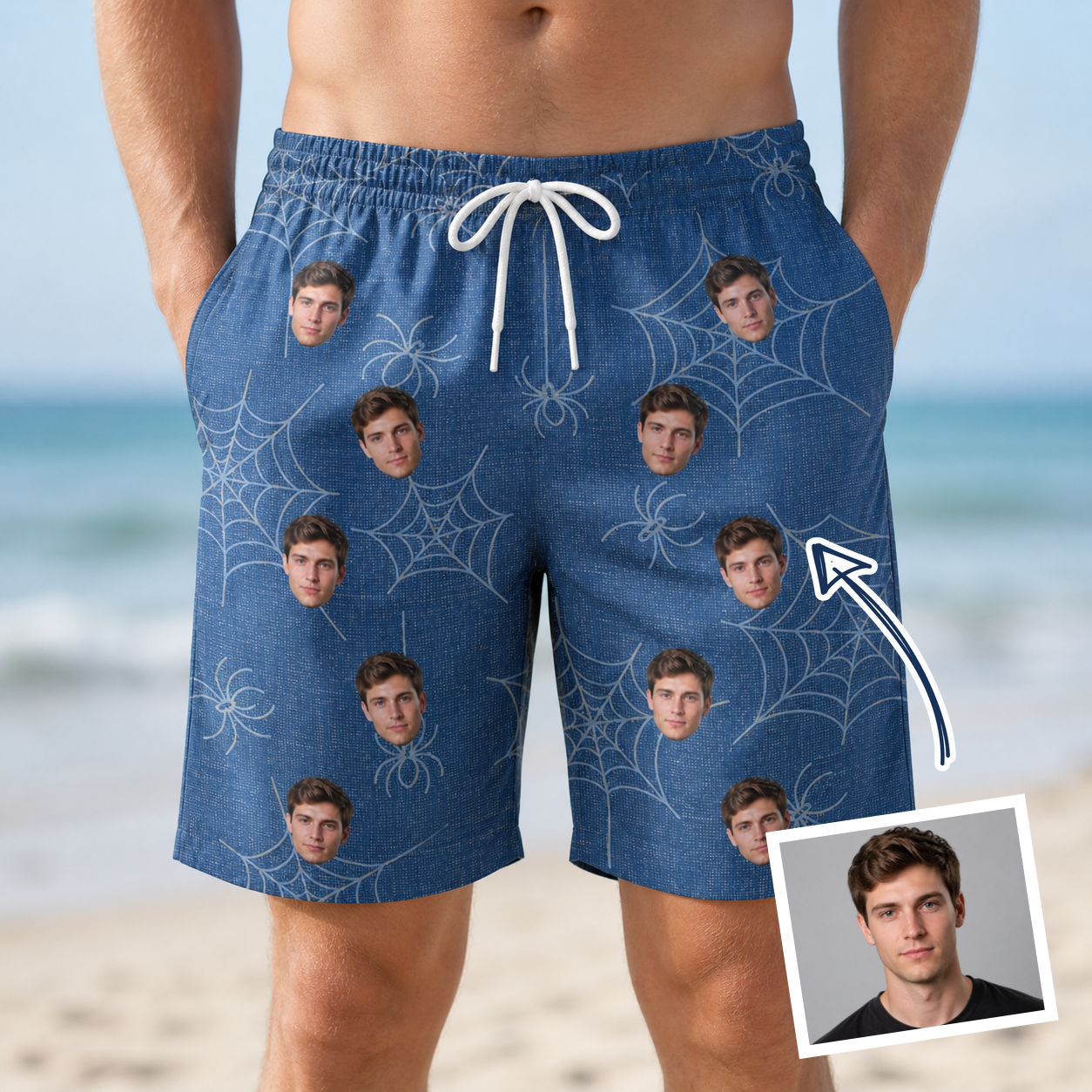 Man wearing Men's Silk Screams Custom Face Beach Shorts — custom faces printed all-over
