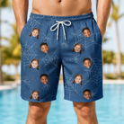 Model wearing Men's Silk Screams Custom Face Beach Shorts printed with kids' faces