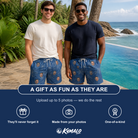 Friends in matching Men's Silk Screams Custom Face Beach Shorts — a group gift photo