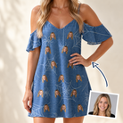 Woman wearing Women's Silk Screams Custom Face Off-Shoulder Dress — custom faces printed all-over