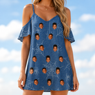 Model wearing Women's Silk Screams Custom Face Off-Shoulder Dress printed with kids' faces