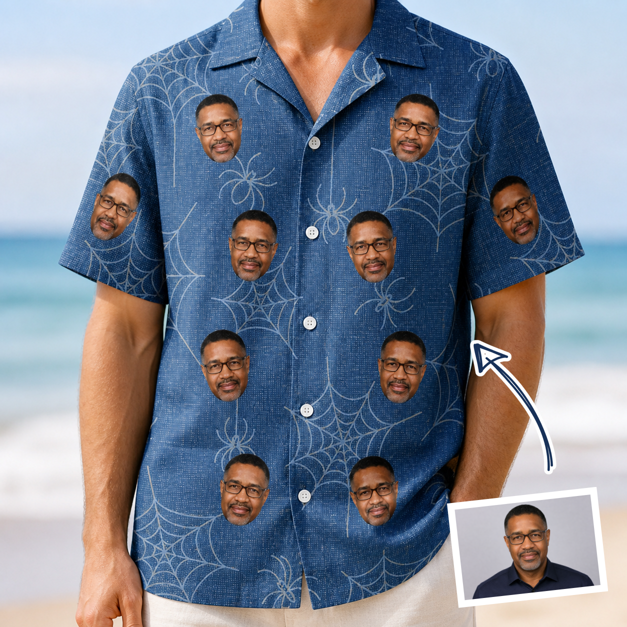 Man wearing Men's Silk Screams Custom Face Hawaiian Shirt — custom faces printed all-over