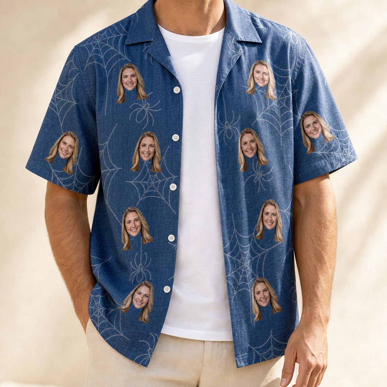 Man wearing Men's Silk Screams Custom Face Hawaiian Shirt open over a white tee