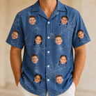 Model wearing Men's Silk Screams Custom Face Hawaiian Shirt printed with kids' faces