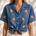 Woman wearing Women's Silk Screams Custom Face Hawaiian Shirt tied at the waist