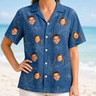 Model wearing Women's Silk Screams Custom Face Hawaiian Shirt printed with kids' faces