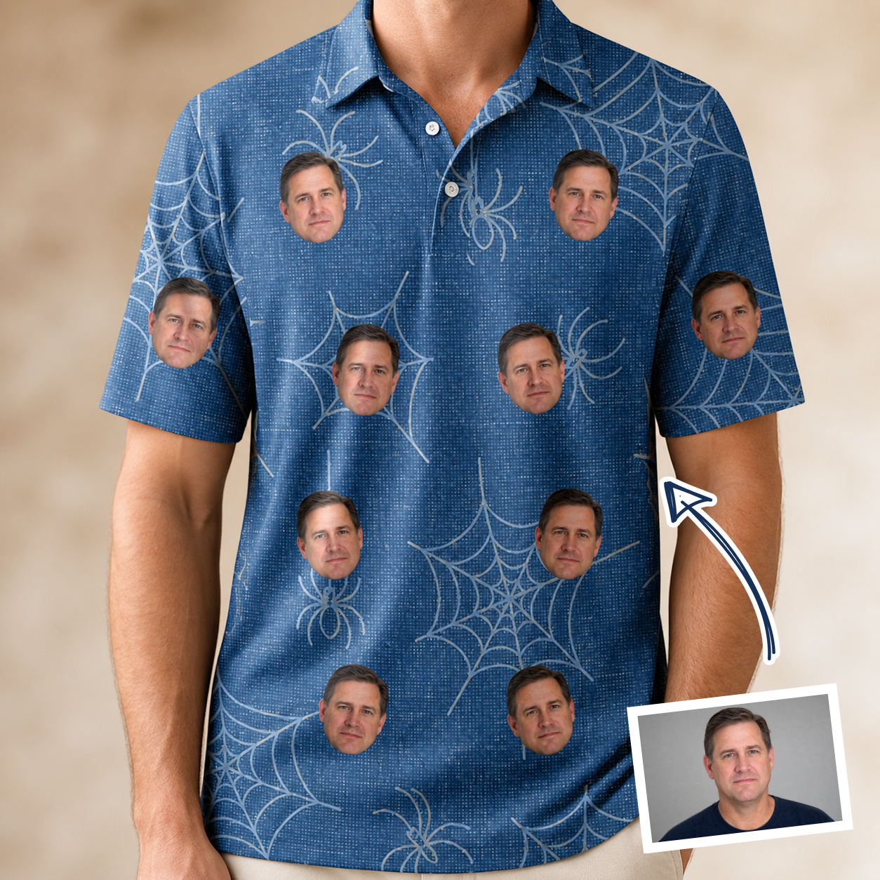 Man wearing Men's Silk Screams Custom Face Polo Shirt — custom faces printed all-over