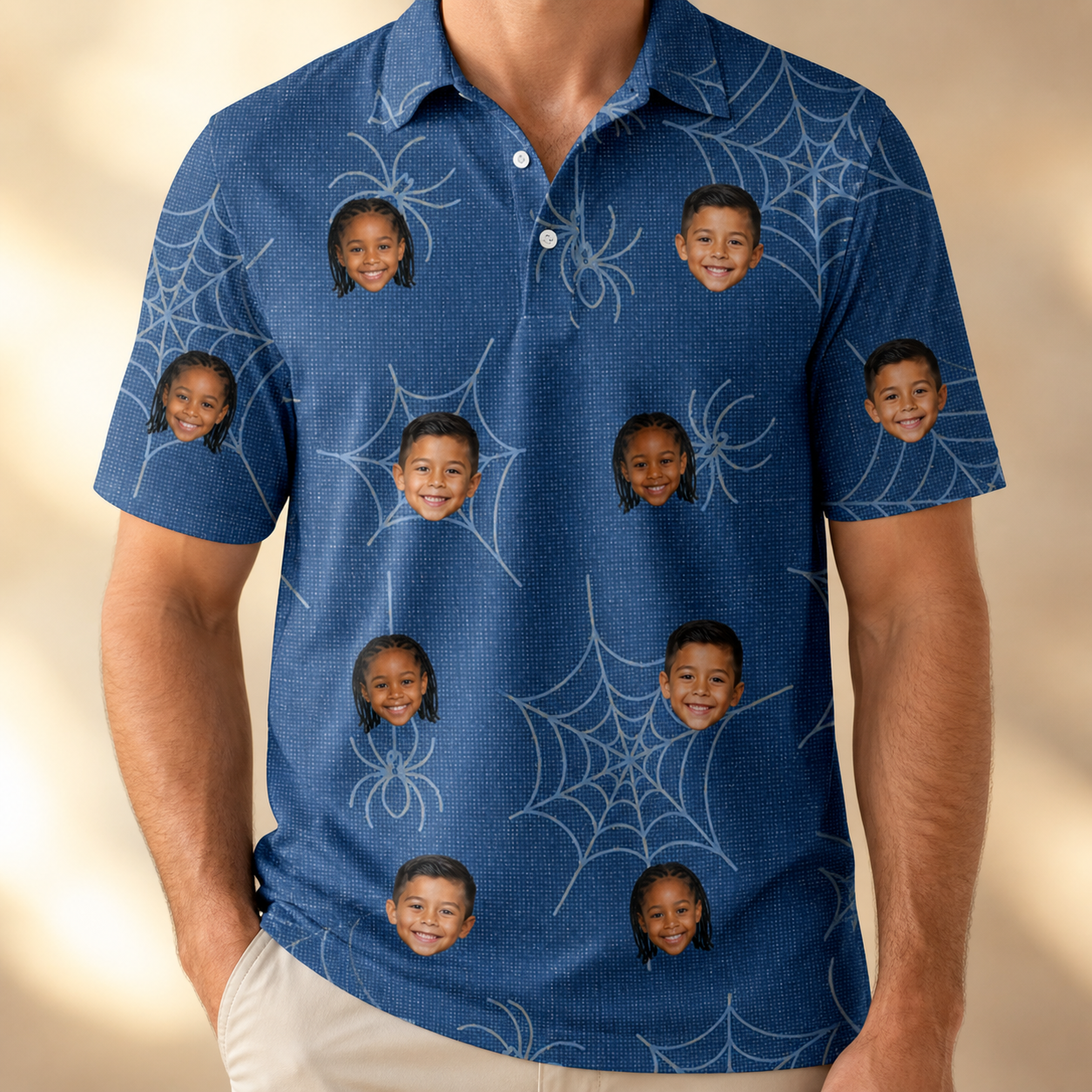 Model wearing Men's Silk Screams Custom Face Polo Shirt printed with kids' faces