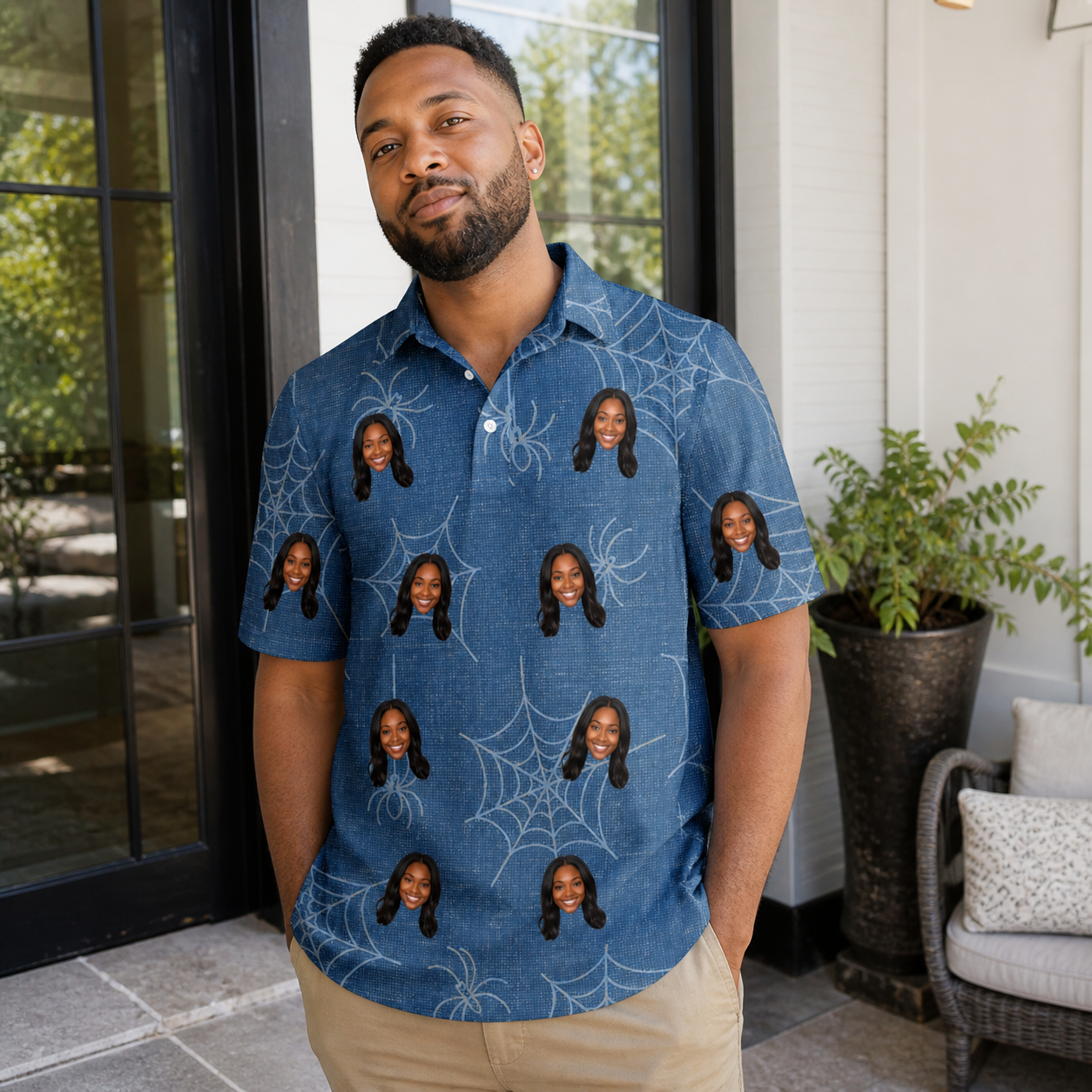 Real-life photo of someone wearing Men's Silk Screams Custom Face Polo Shirt — custom faces printed all-over