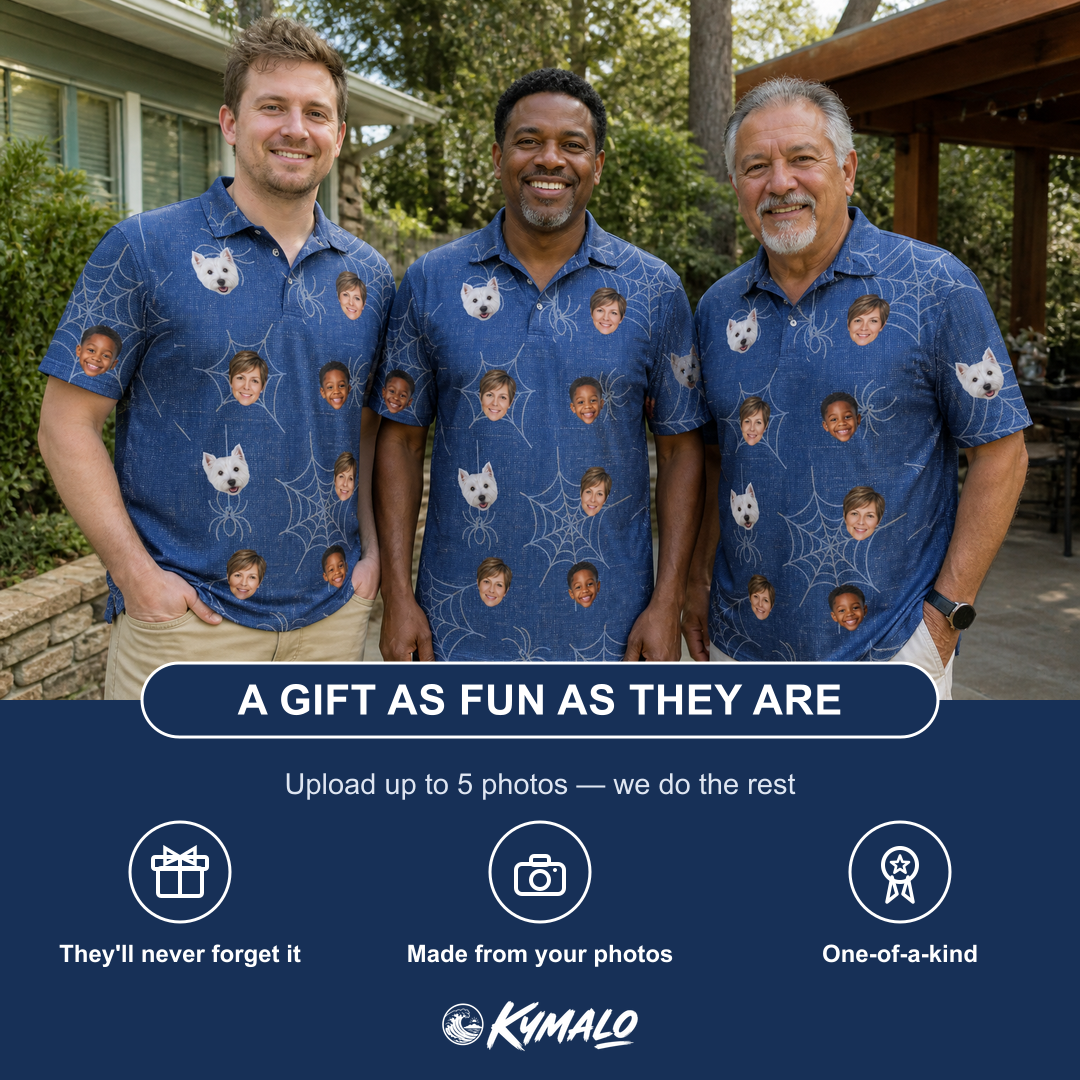 Friends in matching Men's Silk Screams Custom Face Polo Shirt — a group gift photo