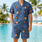 Model wearing Men's Silk Screams Custom Face Shirt & Shorts Set printed with kids' faces