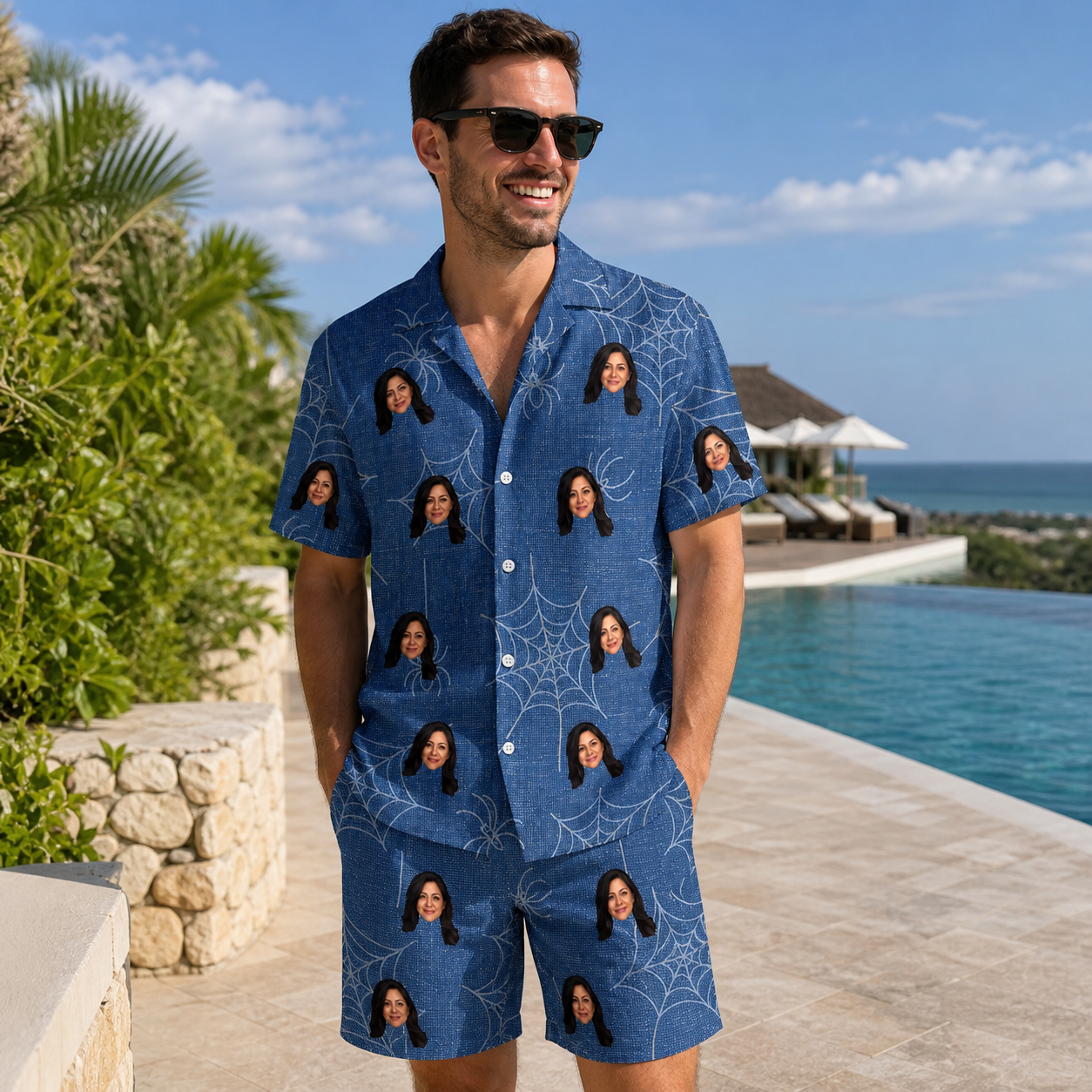 Real-life photo of someone wearing Men's Silk Screams Custom Face Shirt & Shorts Set — custom faces printed all-over