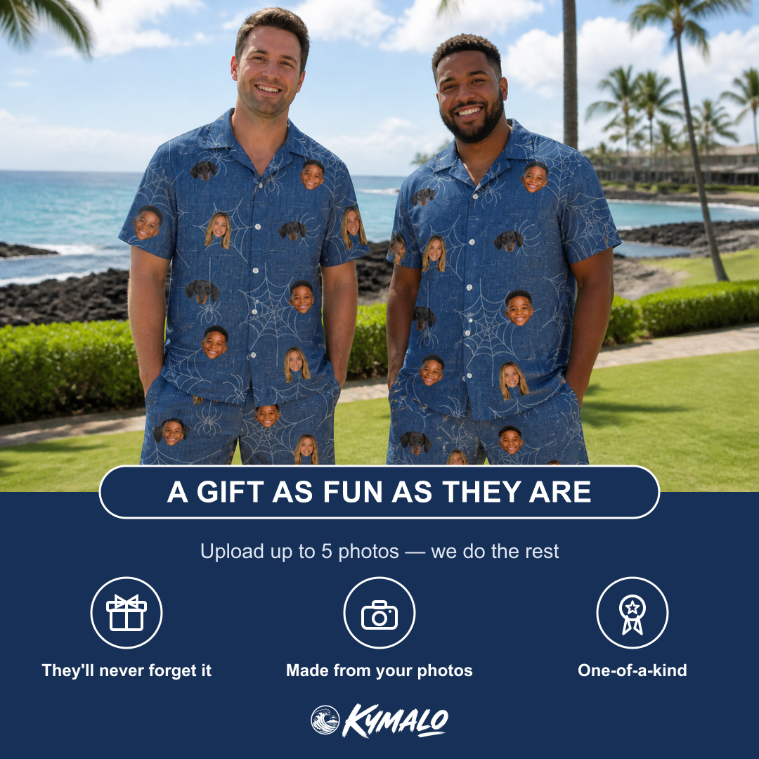 Friends in matching Men's Silk Screams Custom Face Shirt & Shorts Set — a group gift photo