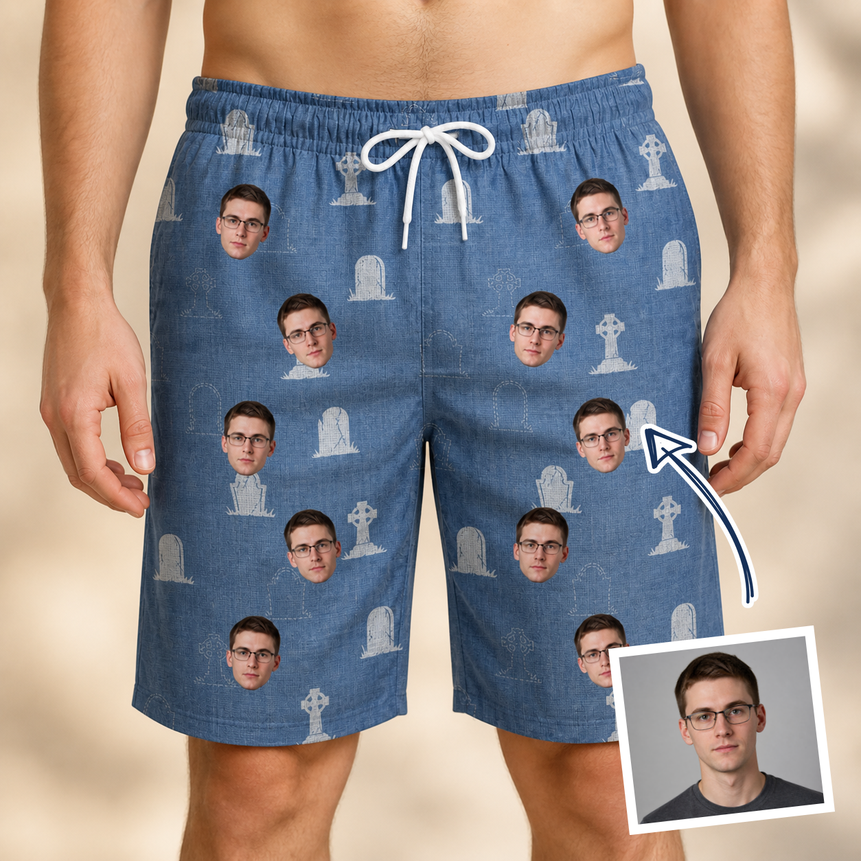 Man wearing Men's Epitaph Escapades Custom Face Beach Shorts — custom faces printed all-over
