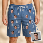 Man wearing Men's Epitaph Escapades Custom Face Beach Shorts — custom faces printed all-over