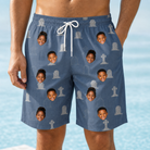 Model wearing Men's Epitaph Escapades Custom Face Beach Shorts printed with kids' faces