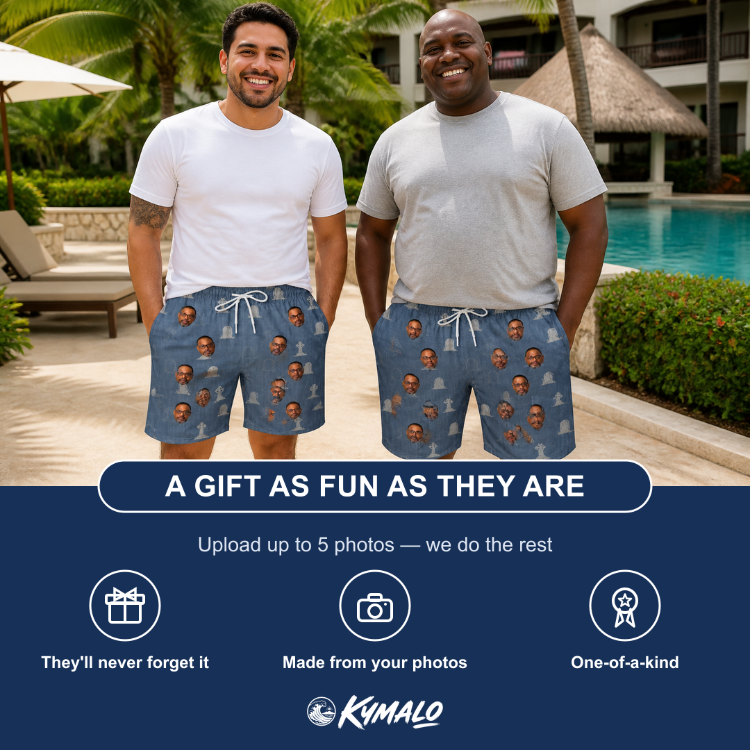 Friends in matching Men's Epitaph Escapades Custom Face Beach Shorts — a group gift photo